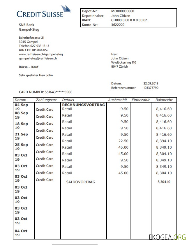 Suisse Modèle de justificatif de domicile de la banque Credit Suisse au format Word et PDF (.doc et .pdf)